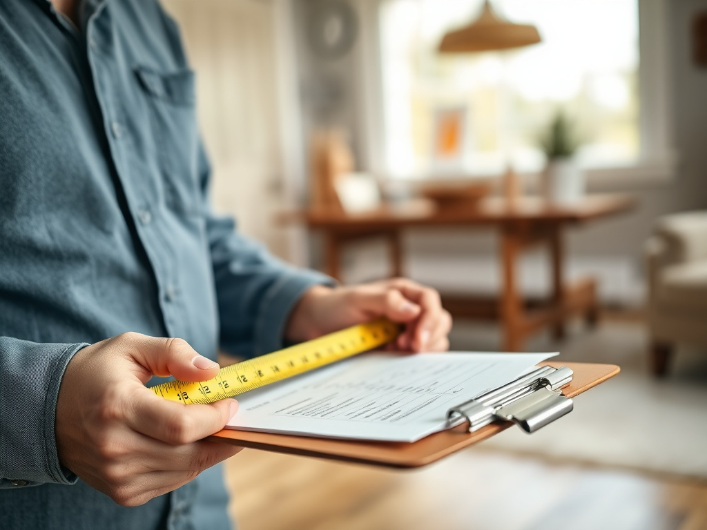 Contratista general tomando medidas y notas para preparar un presupuesto de remodelación